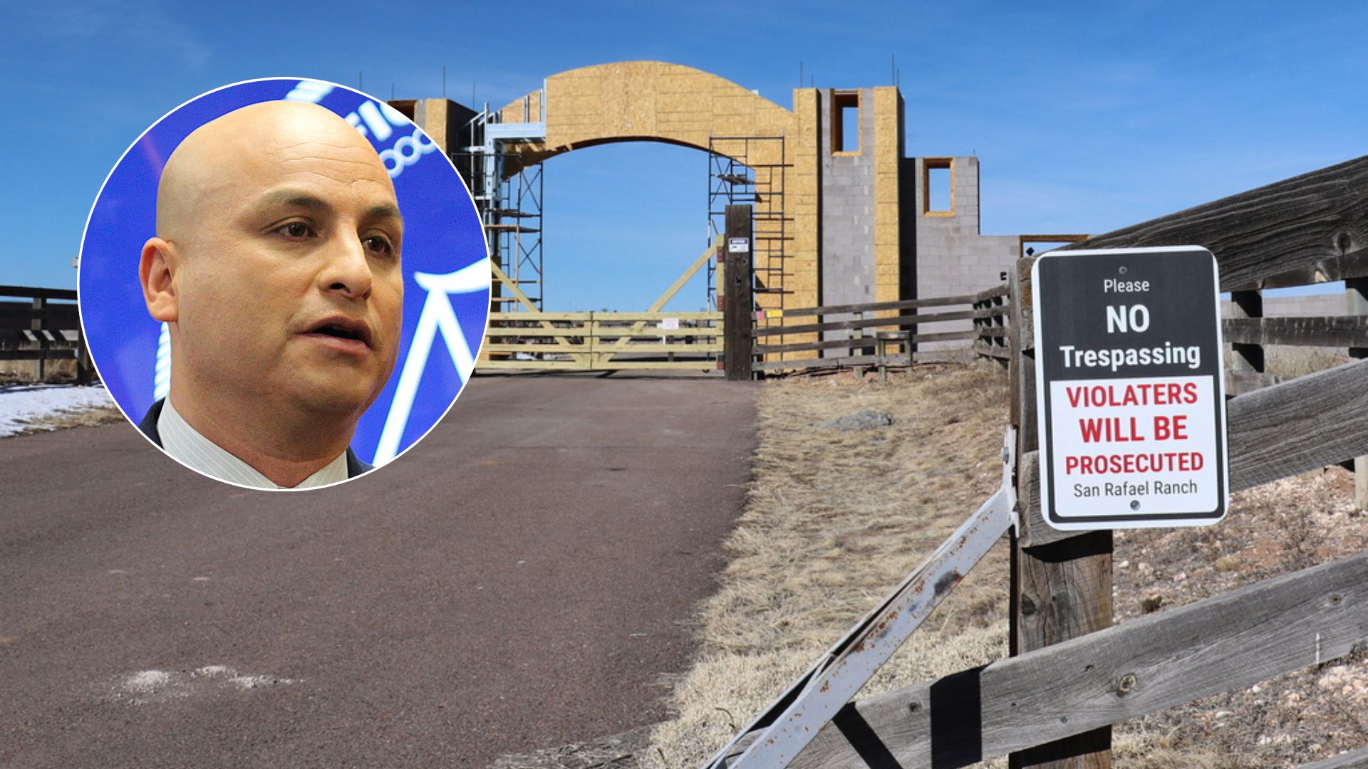 This combination of images shows former New Mexico Attorney General Hector Balderas and the entrance of the San Rafael Ranch, which was previously owned by Jeffrey Epstein and called the Zorro Ranch.