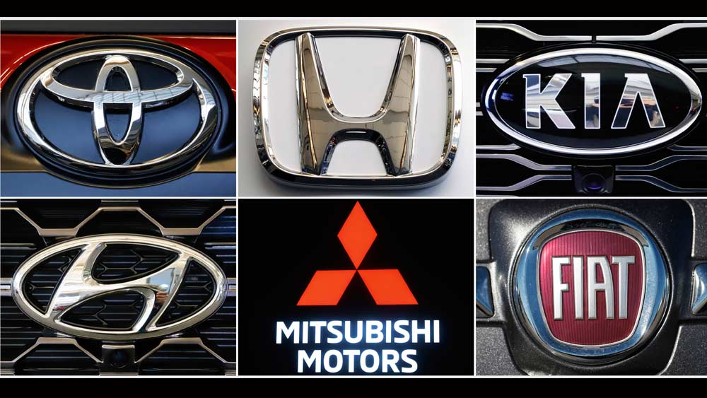 This undated combination of photos shows clockwise from top left the logos for Toyota, Honda, Kia, Fiat Chrysler, Mitsubishi and Hyundai. U.S. auto safety regulators have expanded an investigation into malfunctioning air bag controls to include 12.3 million vehicles because the bags may not inflate in a crash. Vehicles made by Toyota, Honda, Kia, Hyundai, Mitsubishi and Fiat Chrysler from the 2010 through 2019 model years are included in the probe, which was revealed Tuesday, April 23, 2019, in documents posted by the National Highway Traffic Safety Administration. 