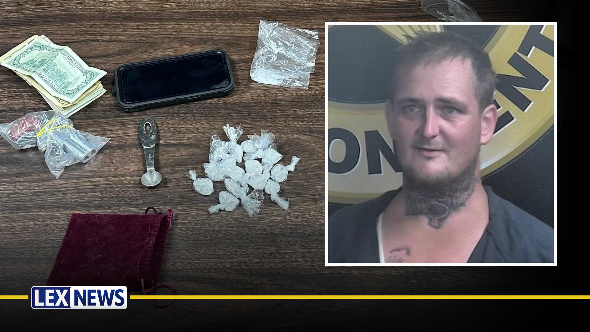 Larry Presnell's mugshot, suspected drugs from executed search warrant