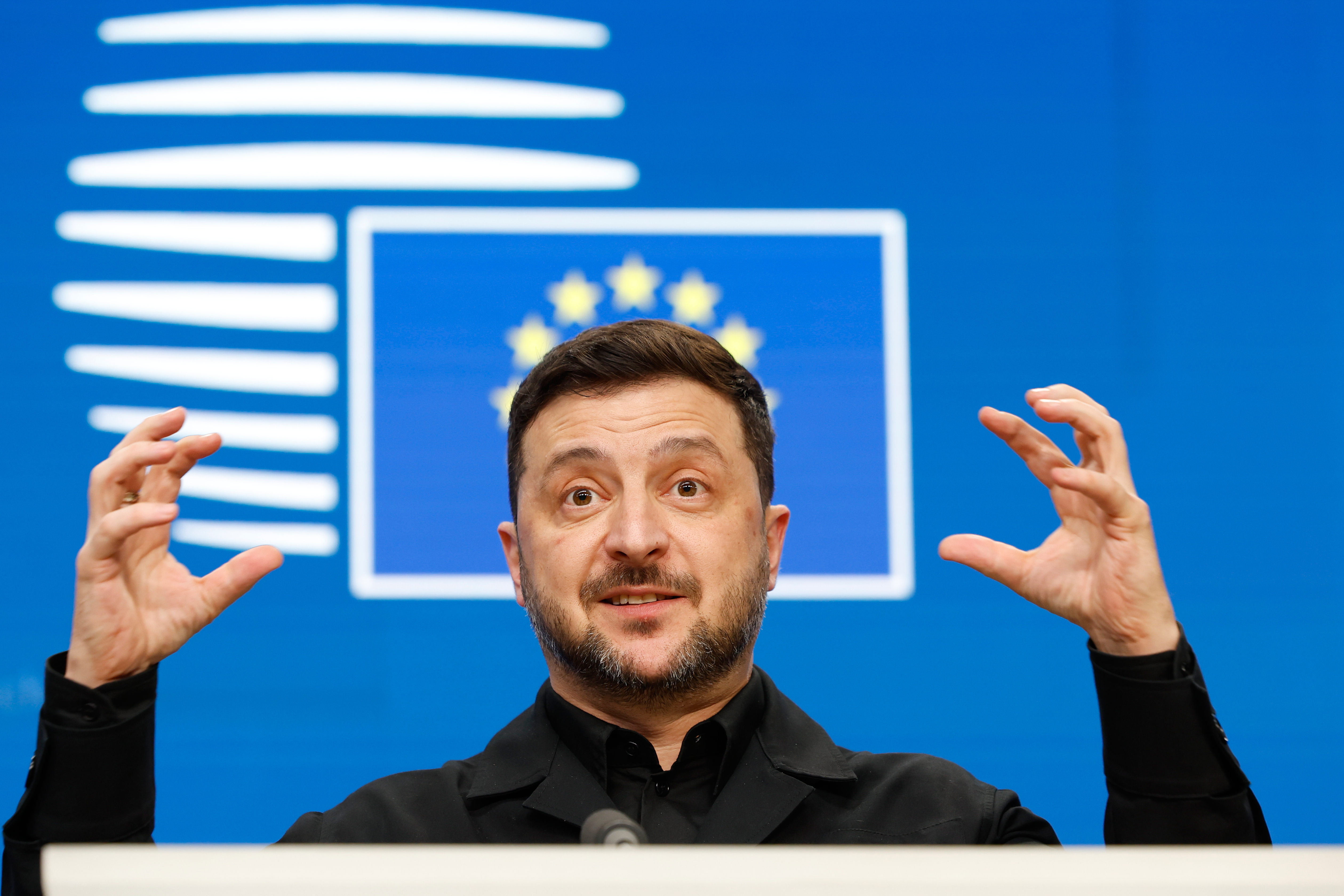 Ukraine's President Volodymyr Zelenskyy speaks during a media conference at the EU Summit in Brussels, Thursday, Dec. 18, 2025. 
