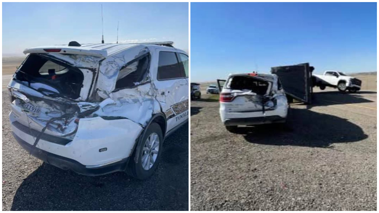 Powerful winds tip truck on to deputy's vehicle