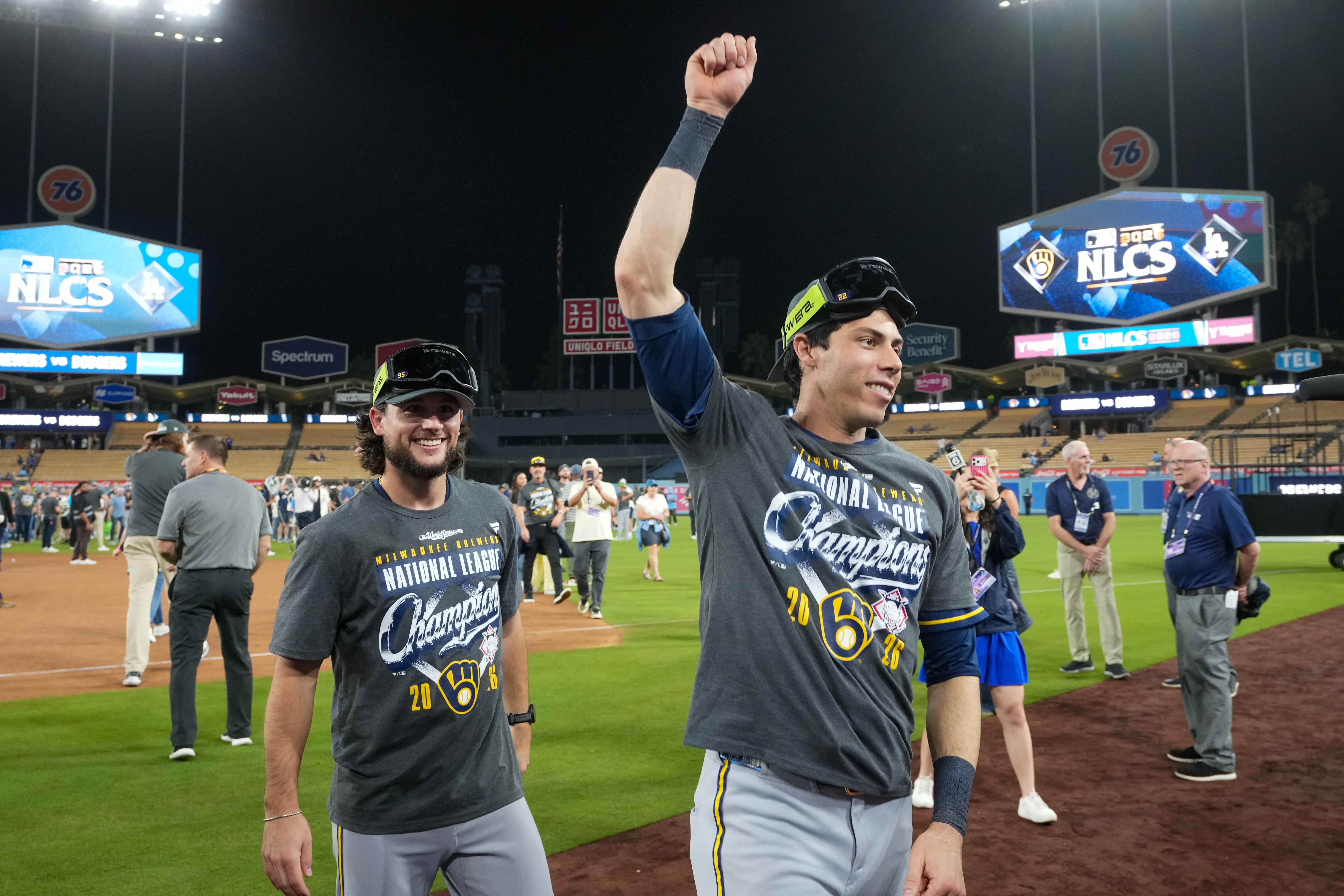 Milwaukee Brewers designated hitter Christian Yelich celebrates after Game 4 of baseball's National League Championship Series between the Milwaukee Brewers and the Los Angeles Dodgers, Thursday, Oct. 15, 2026, in Los Angeles. 