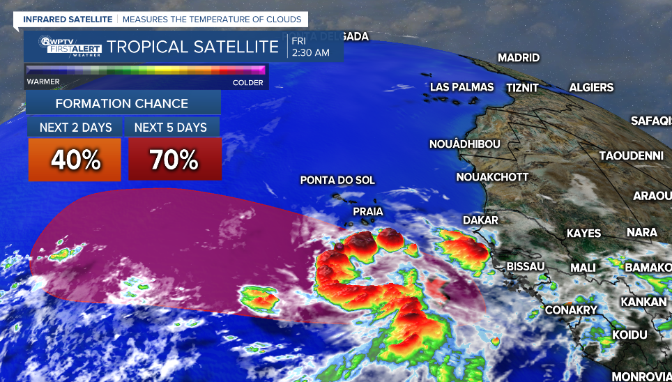 The tropical wave coming off the coast of Africa has a high chance of development over the next 5 days as it pushes west-northwest. A tropical depression could form over the weekend. Next name on the list is Fred. 