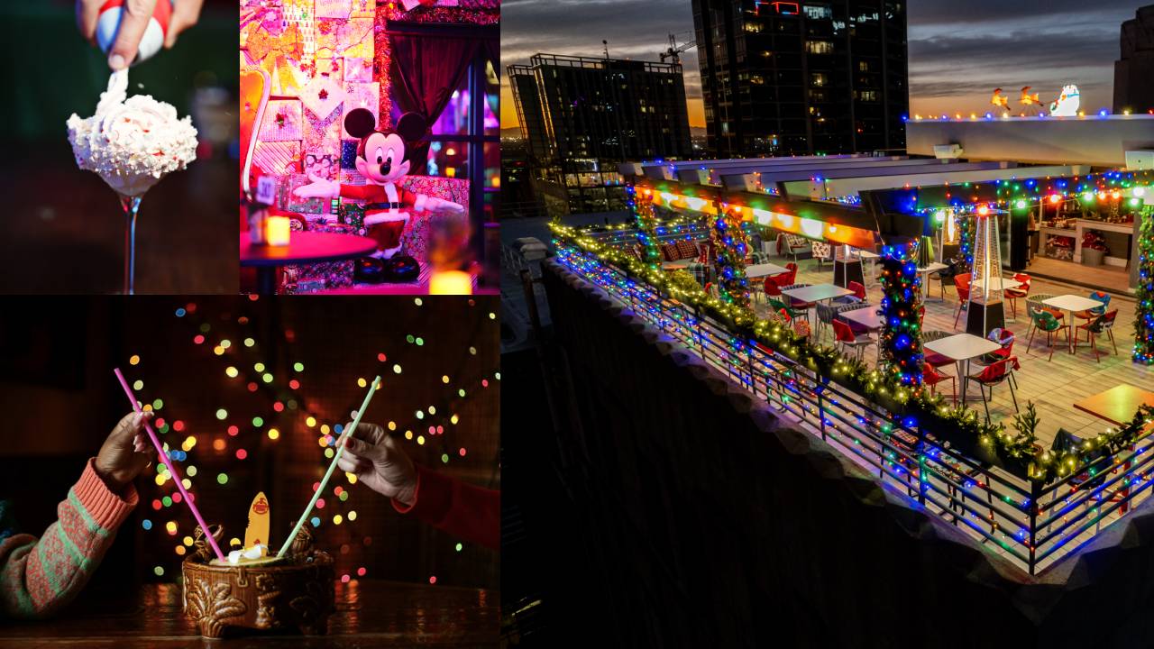 Holiday, Christmas pop-up bars with festive drinks and decorations.  