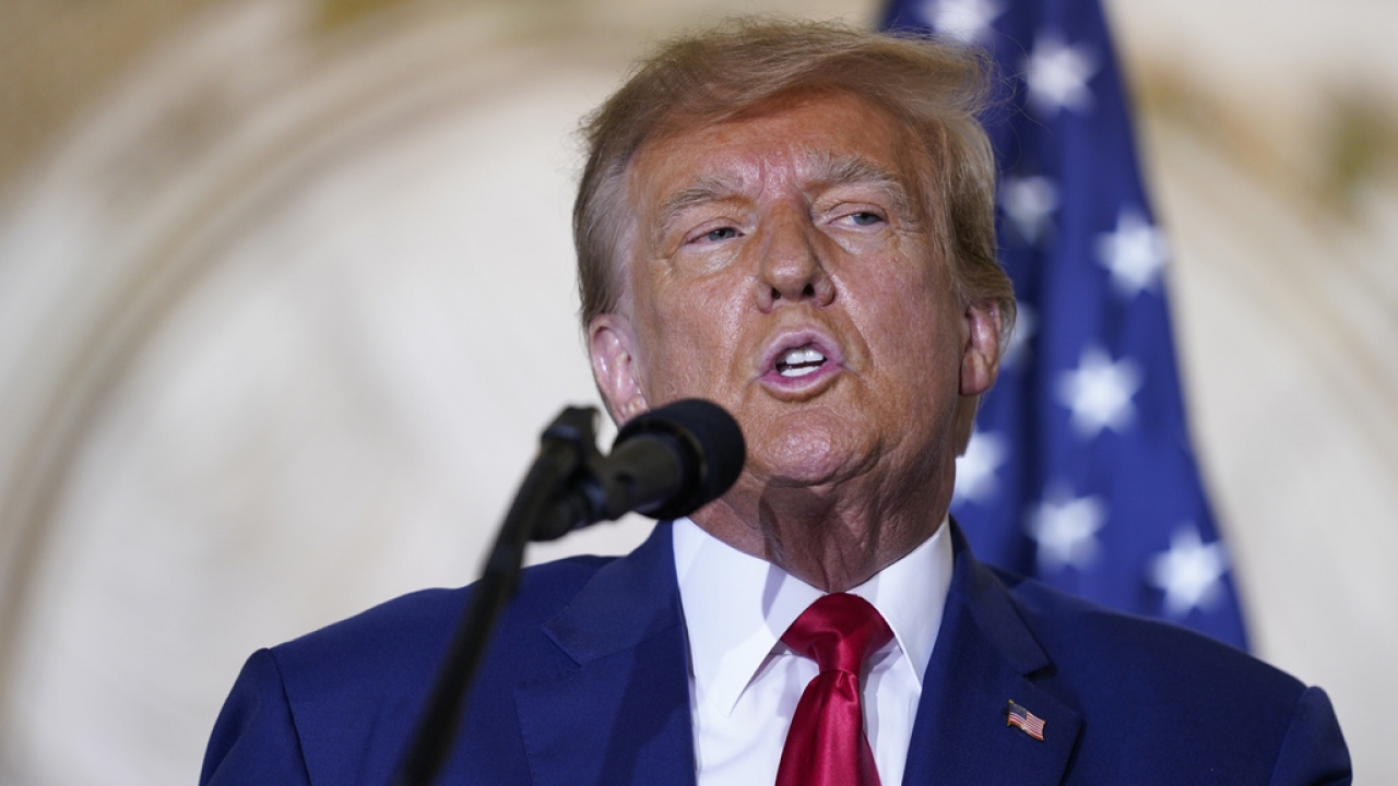 Former President Donald Trump speaks at his Mar-a-Lago estate.