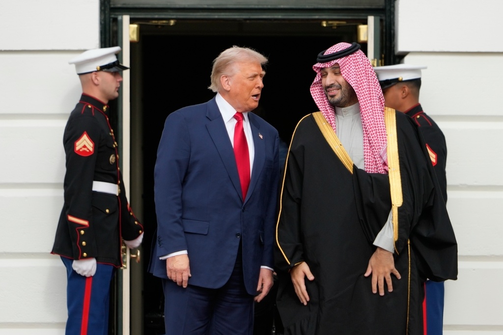President Donald Trump welcomes Saudi Arabia's Crown Prince Mohammed bin Salman to the White House, Tuesday, Nov. 18, 2025, in Washington. 