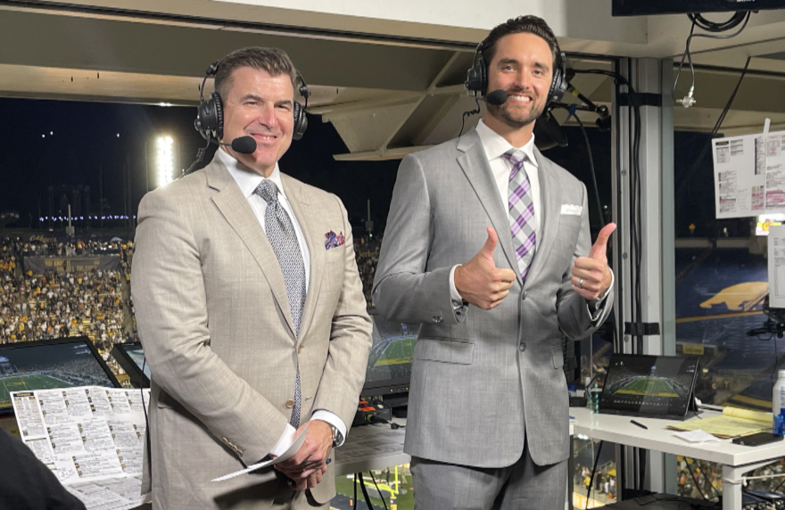 Rece Davis (left) and Brock Osweiler (Right) in the booth for an ESPN broadcast