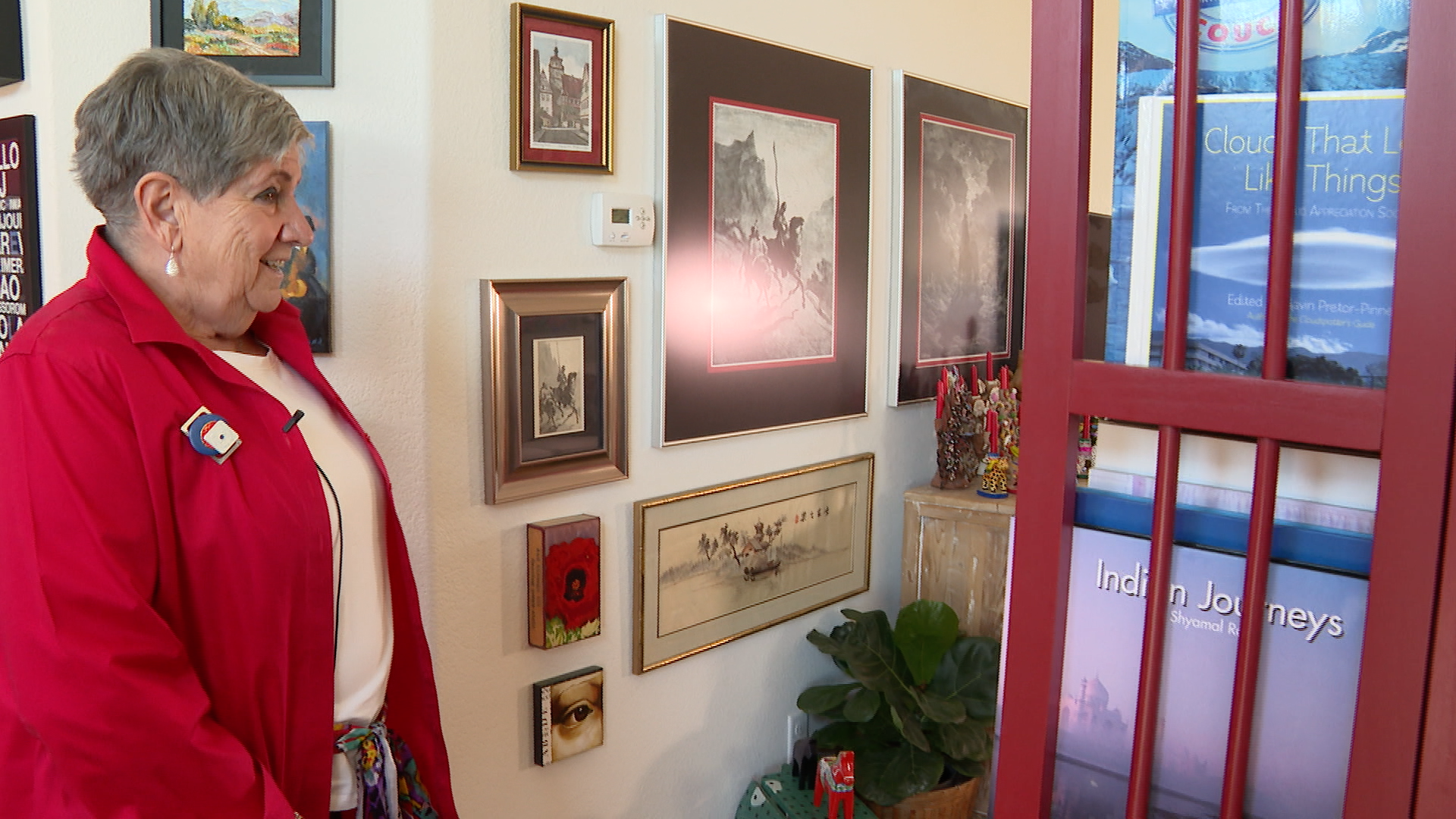 CJ Moore looks at a bookcase in her Colorado Springs home, she is one of the hundreds to have lost a home in the fire. 