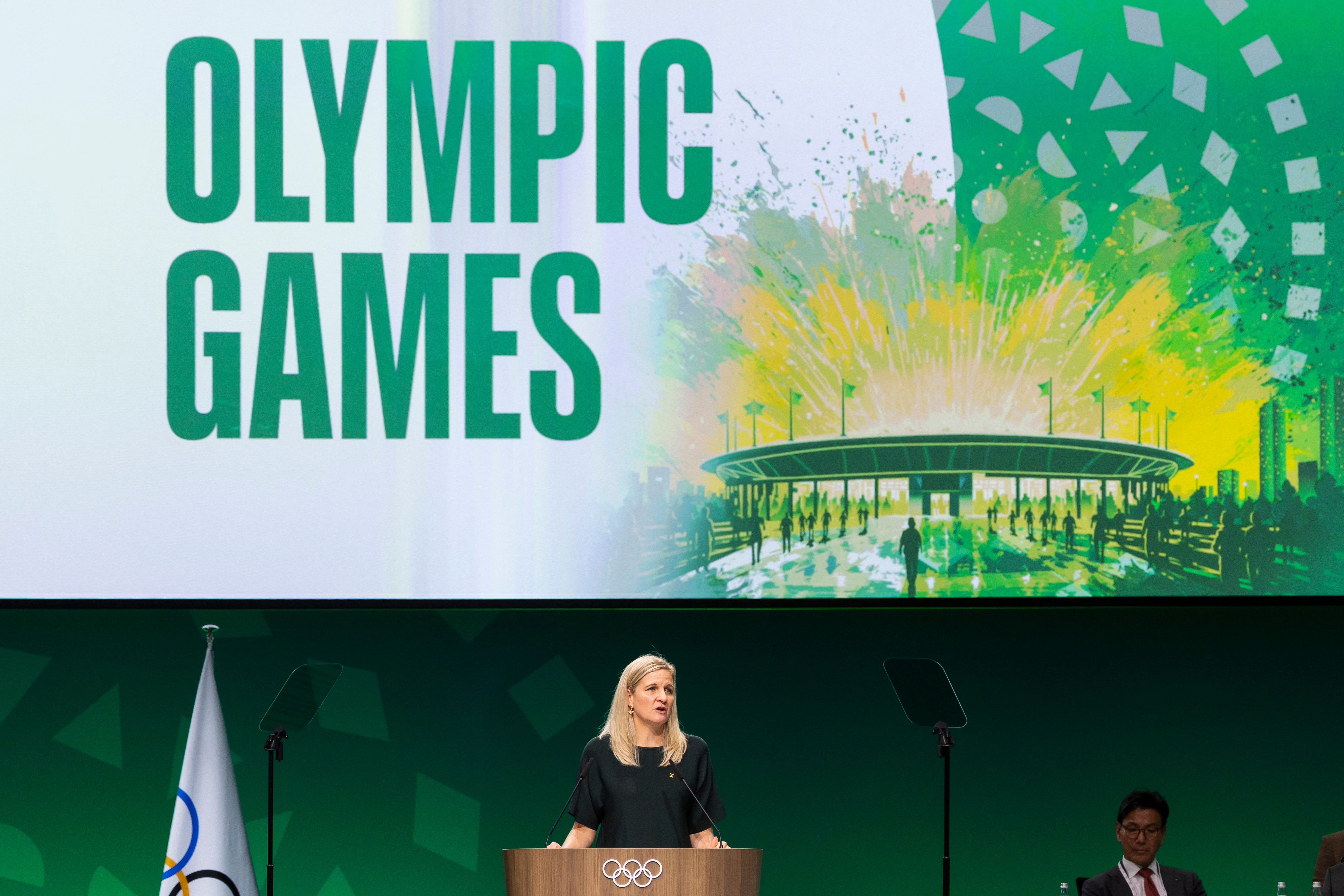 International Olympic Committee (IOC) President Kirsty Coventry, speaks during the 146th Session of the International Olympic Committee (IOC) at the SwissTech Convention Centre, in Lausanne, Switzerland, Wednesday, June 24, 2026. 