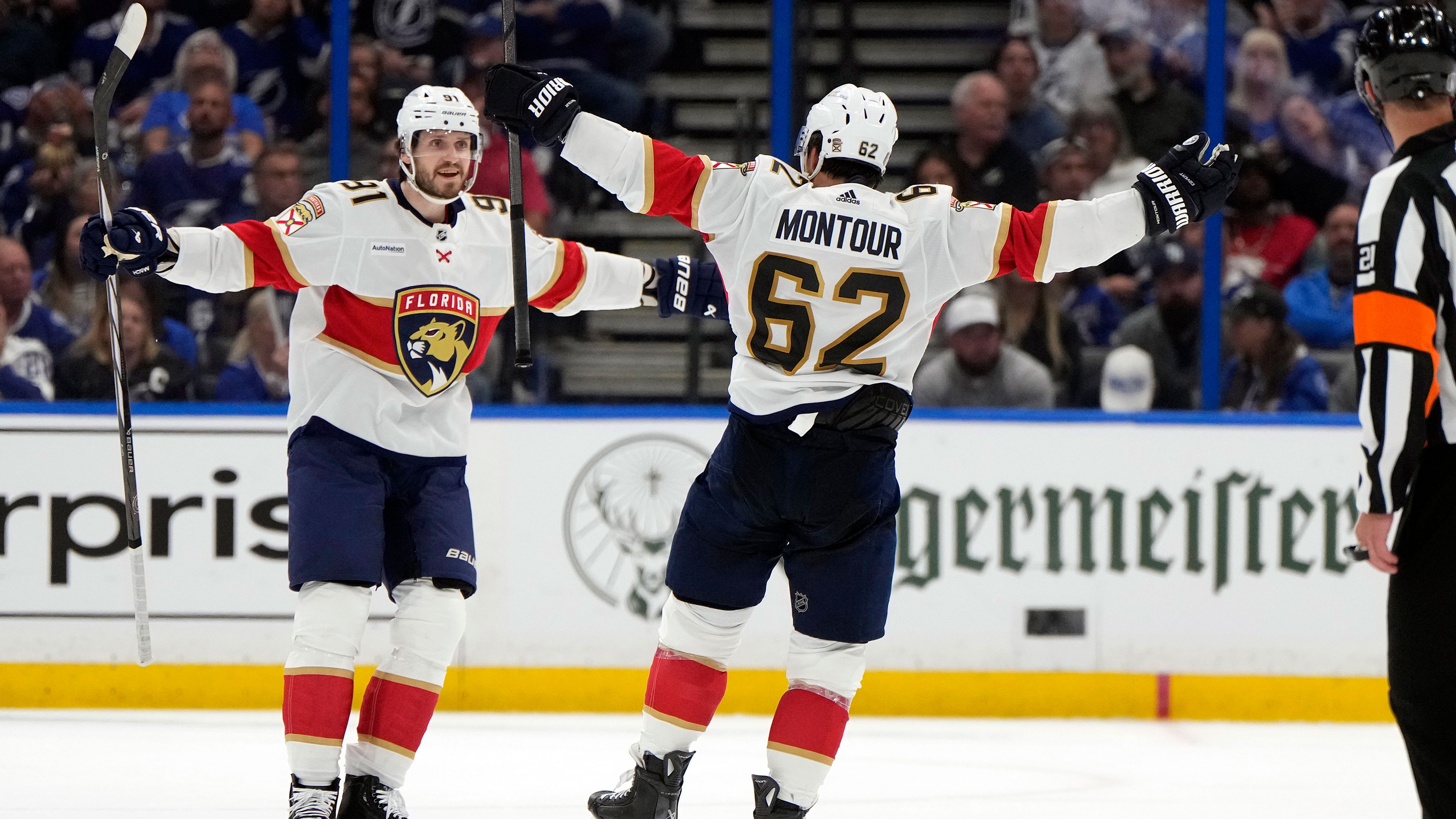 Florida Panthers defenseman Brandon Montour (62) celebrates his goal against the Tampa Bay Lightning with defenseman Oliver Ekman-Larsson (91) during the second period in Game 3 of an NHL hockey Stanley Cup first-round playoff series, Thursday, April 25, 2024, in Tampa, Fla.