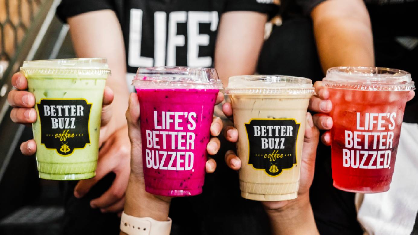 Photo features an array of drinks from Better Buzz Coffee Company. 