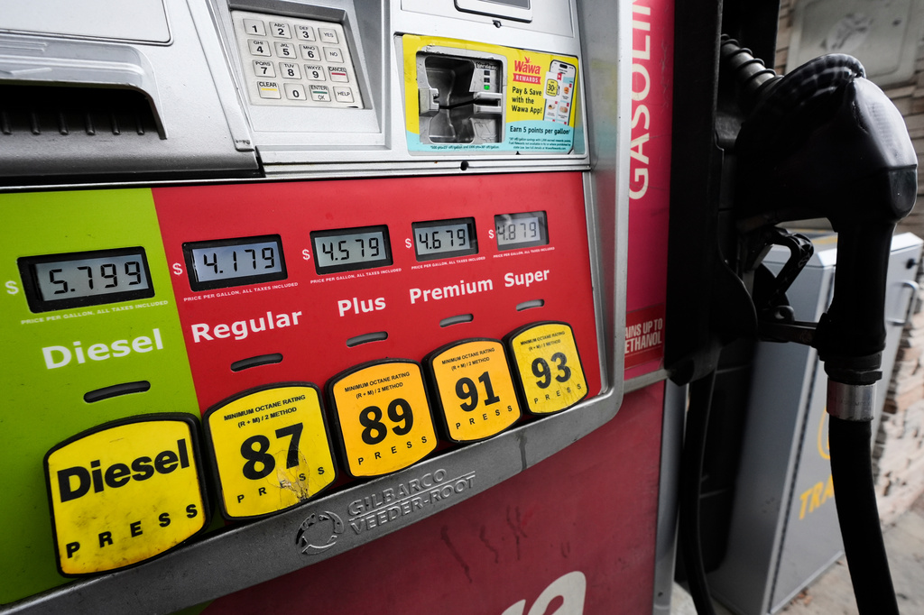 Prices are displayed at a gas station Tuesday, April 7, 2026, in Orlando, Fla.