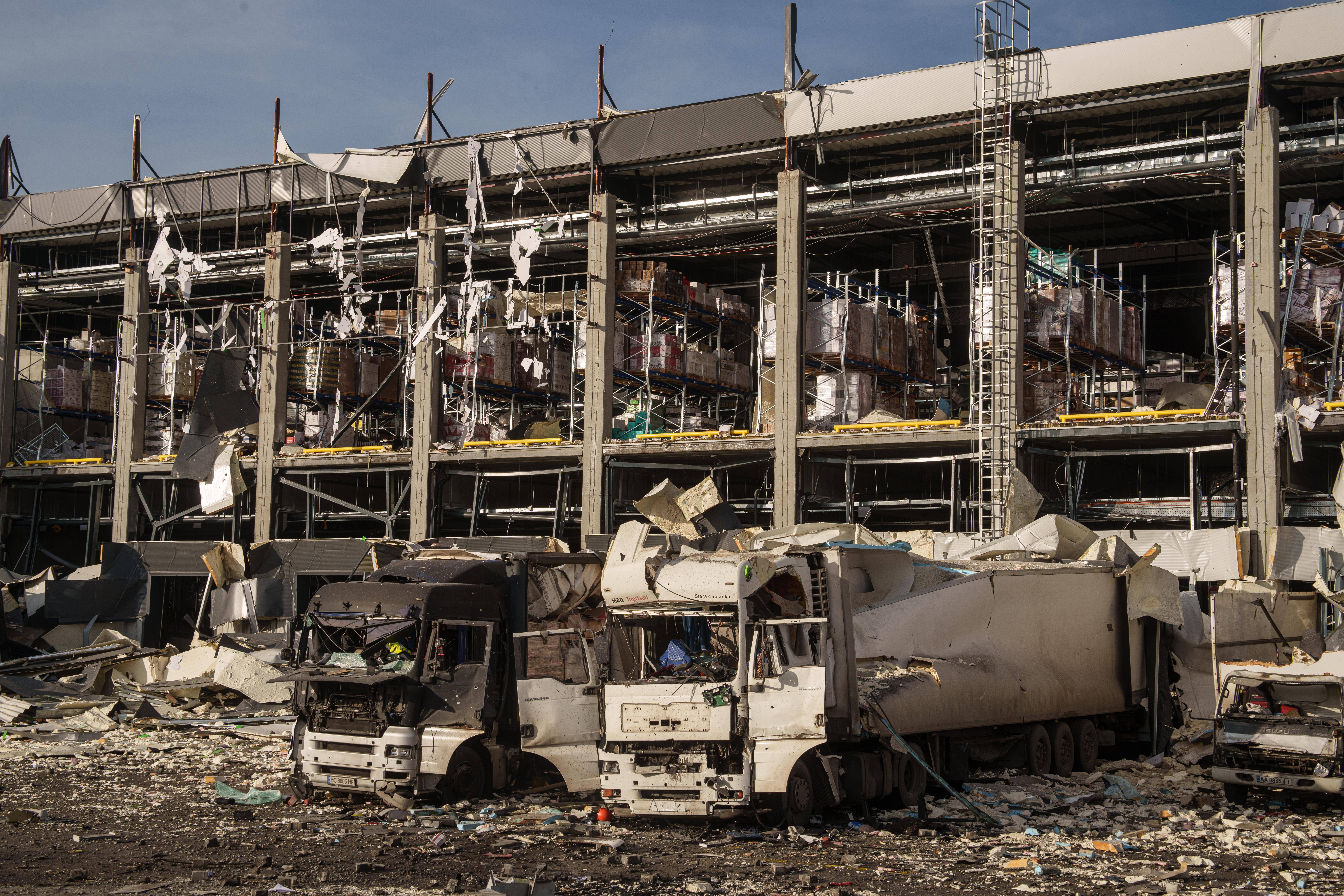 A Novus logistics center is seen damaged after a Russian strike on Kyiv, Ukraine, on Tuesday, Nov. 25, 2025.