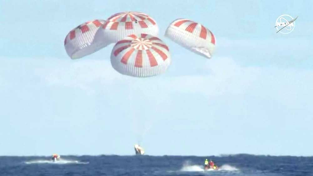 SpaceX Crew Dragon capsule returns to Earth, making a splashdown in the Atlantic Ocean on March 8, 2019.