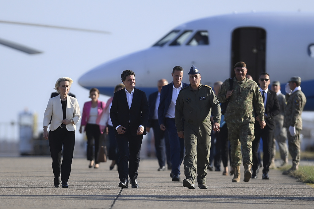 President of European Commission Ursula von der Leyen, left, walks with Romanian President Nicusor Dan during her visit at the Mihail Kogalniceanu Air Base, near the Black Sea port of Constanta, Romania.