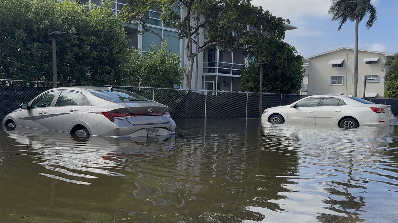 Floodwaters inundated parking spaces, roads and walkways at the Coastal Towers Condominium Apartments located at 730 E. Ocean Ave., on Oct. 27, 2026.