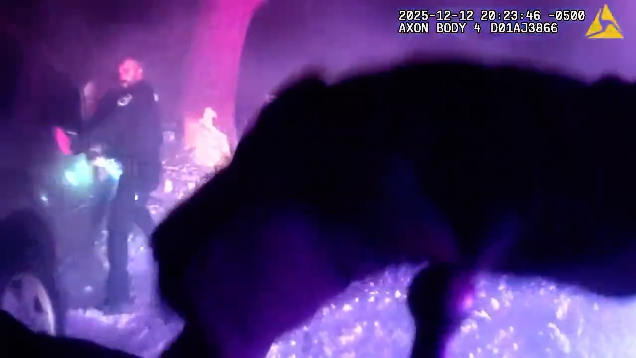 Screenshot of body cam footage taken during the rescue of a man from a burning car in Ingham County