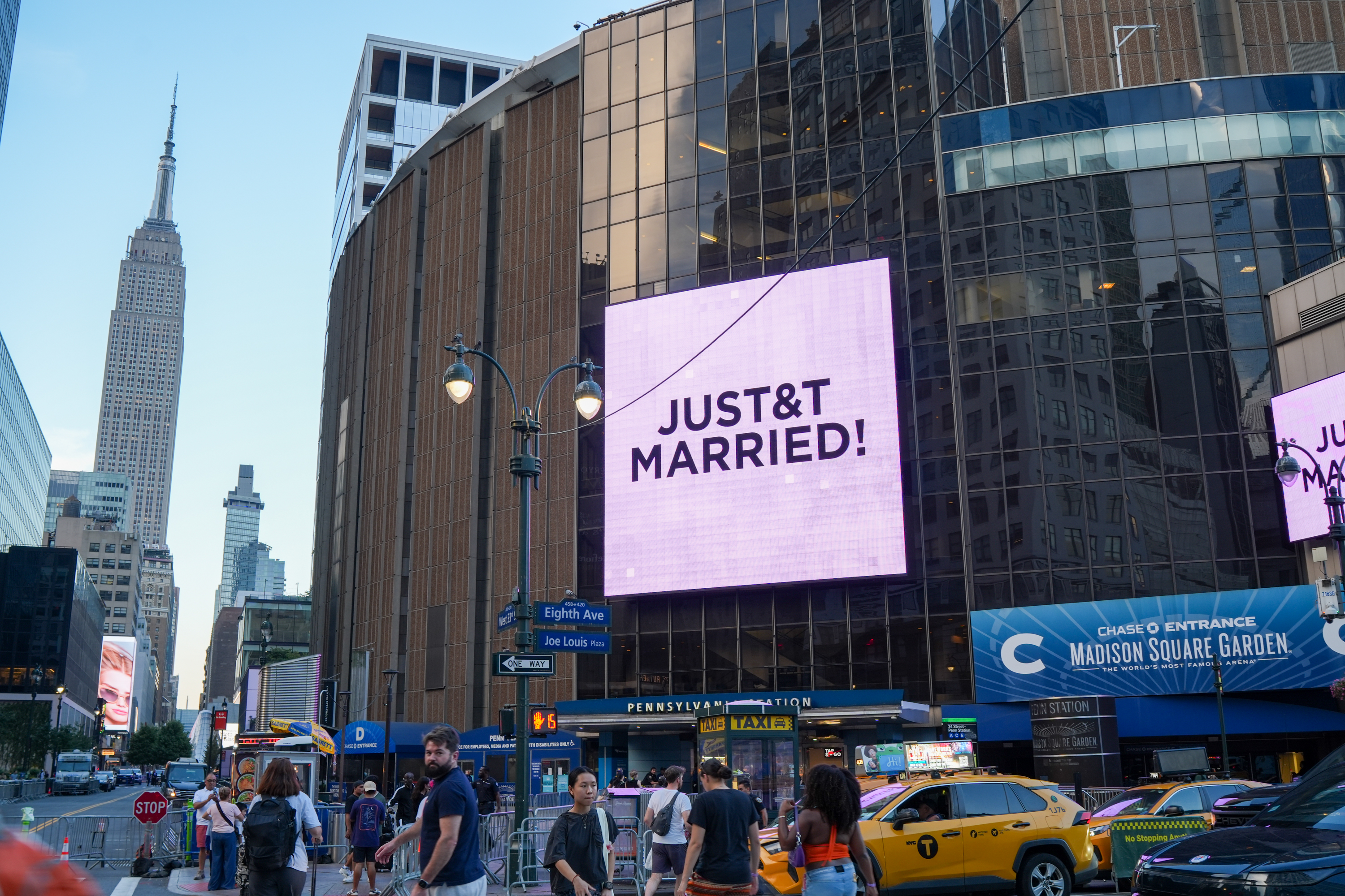 A "Just Married" sign is displayed on Madison Square Garden during a wedding between singer Taylor Swift and National Football League player Travis Kelce on Friday, July 3, 2026, in New York. 