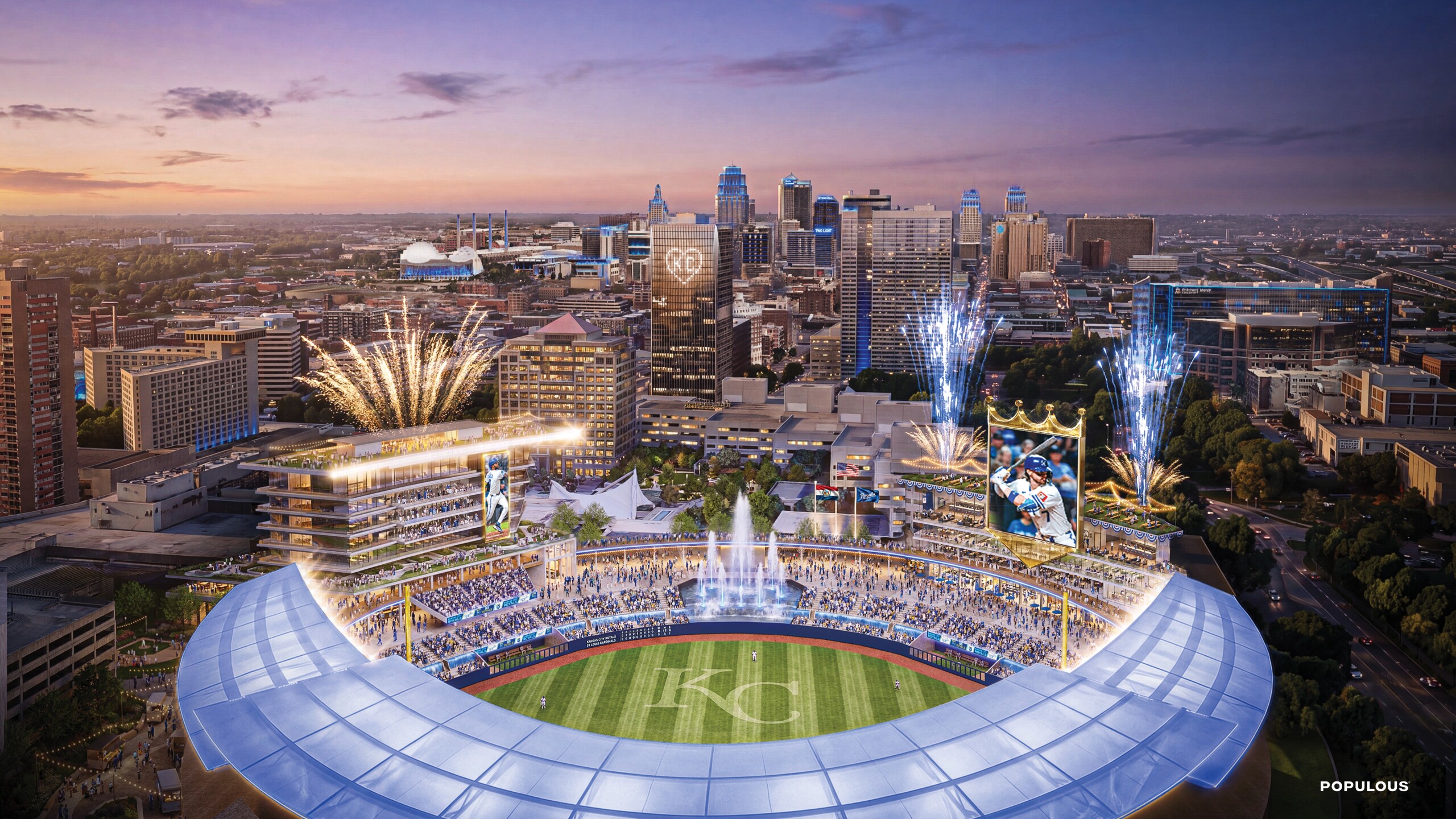 Conceptual renderings of the Kansas City Royals ballpark plan for Crown Center.