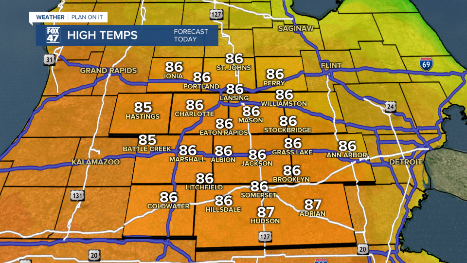 High temps continue in the mid 80's today