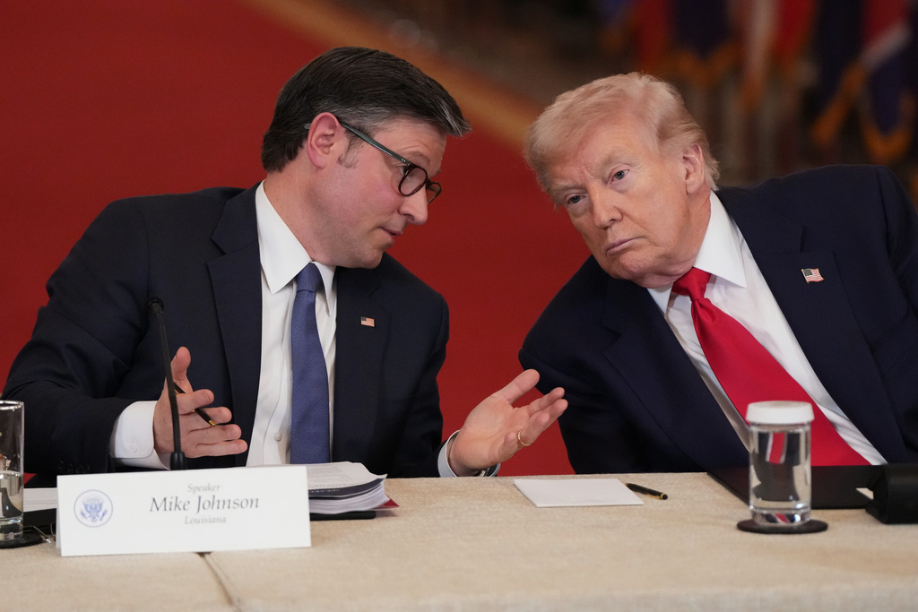FILE: House Speaker Mike Johnson, left, speaks with President Donald Trump.