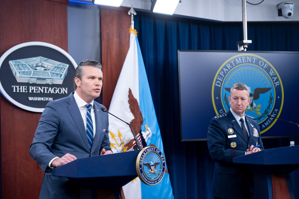 Defense Secretary Pete Hegseth and Chairman of the Joint Chiefs of Staff Gen. Dan Caine speaks to members of the media during a press briefing at the Pentagon, Thursday, April 16, 2026 in Washington. 