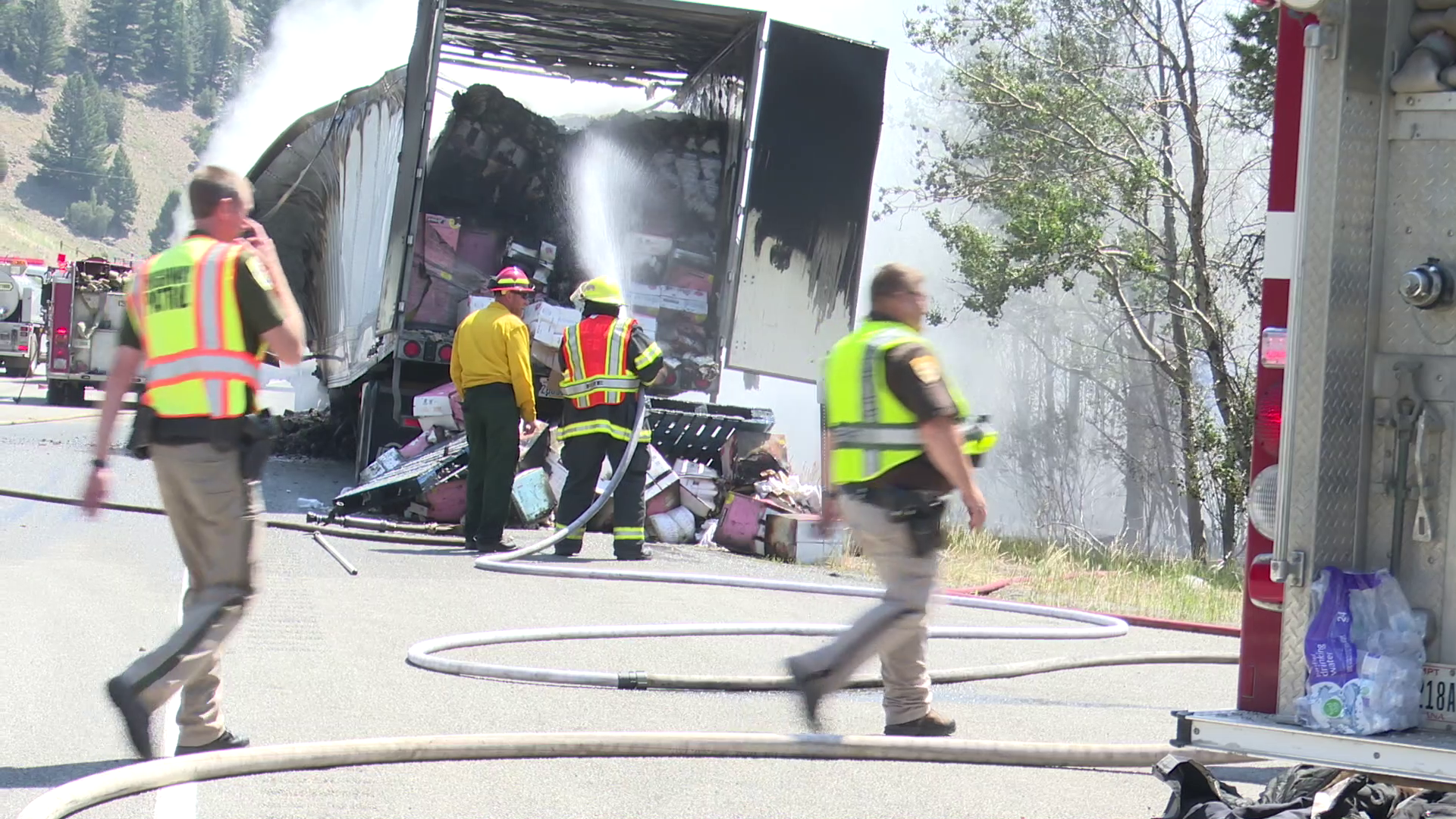 A semi-truck loaded with diapers caught on fire and tied up traffic on Interstate 15 north of Butte on Friday.