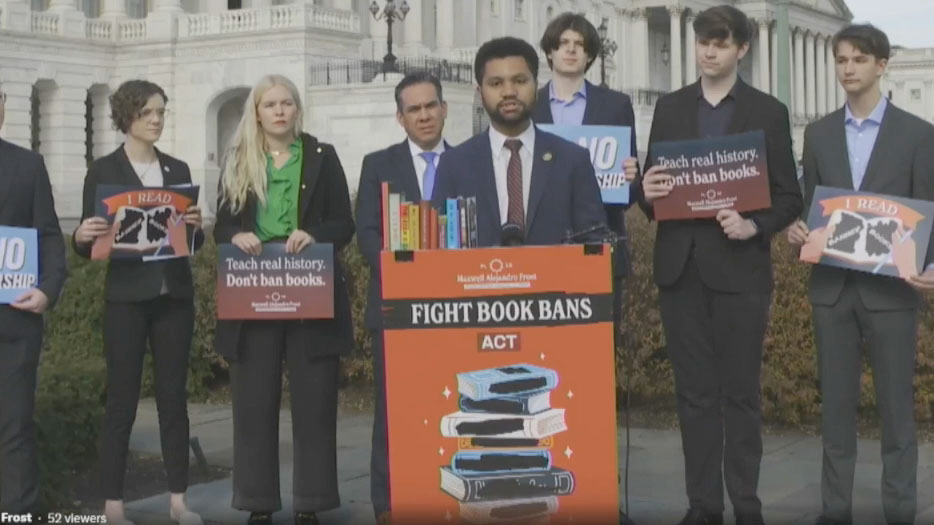 U.S. Rep. Maxwell Frost, D-Fla. rolls out federal legislation titled the "Fight Book Bans Act" at the U.S. Capitol on Dec. 5, 2023.