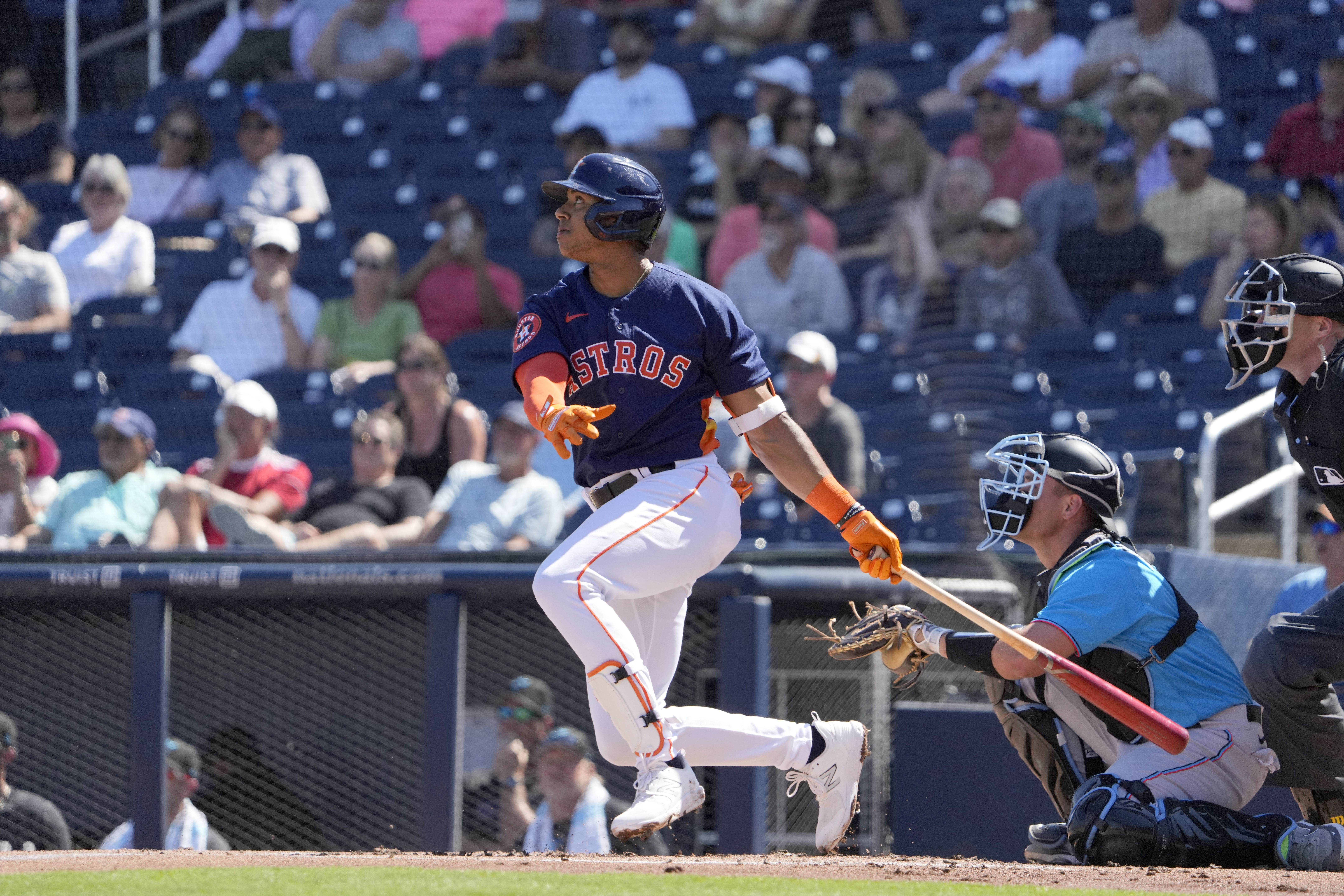 Houston Astros shortstop Jeremy Pena flies out during first inning of spring training game vs. Miami Marlins, Feb. 27, 2023