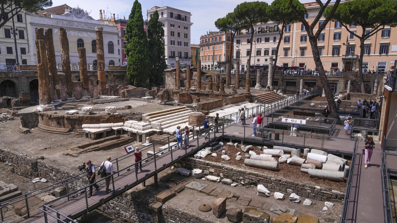 Journalists visit walkways of 'Sacred Area' with four temples dating back to the 3rd century B.C.