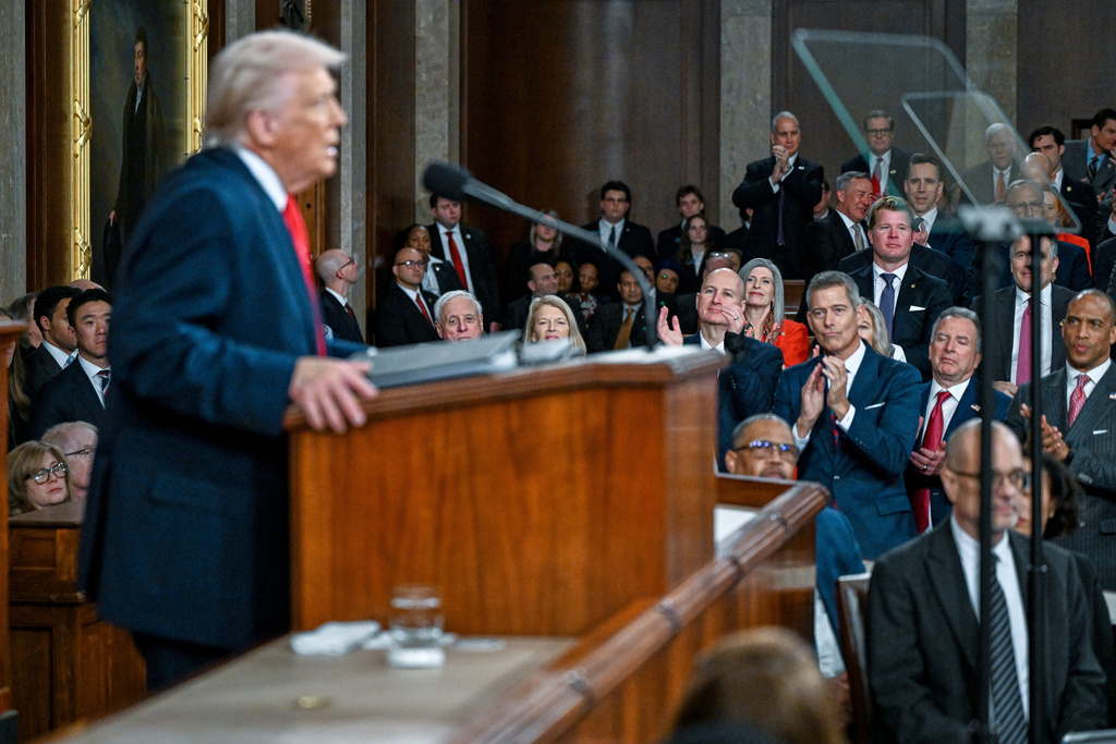 President Donald Trump delivers the State of the Union address to a joint session of Congress in the House chamber at the U.S. Capitol in Washington, Tuesday, Feb. 24, 2026.
