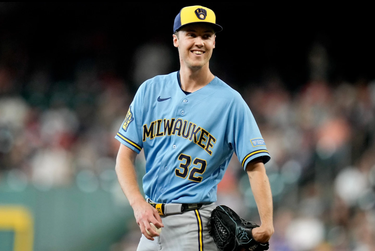 Milwaukee Brewers starting pitcher Jacob Misiorowski smiles after having a called strike overturned by a Houston Astros ABS challenge during the first inning of a baseball game, Sunday, May 31, 2026, in Houston.