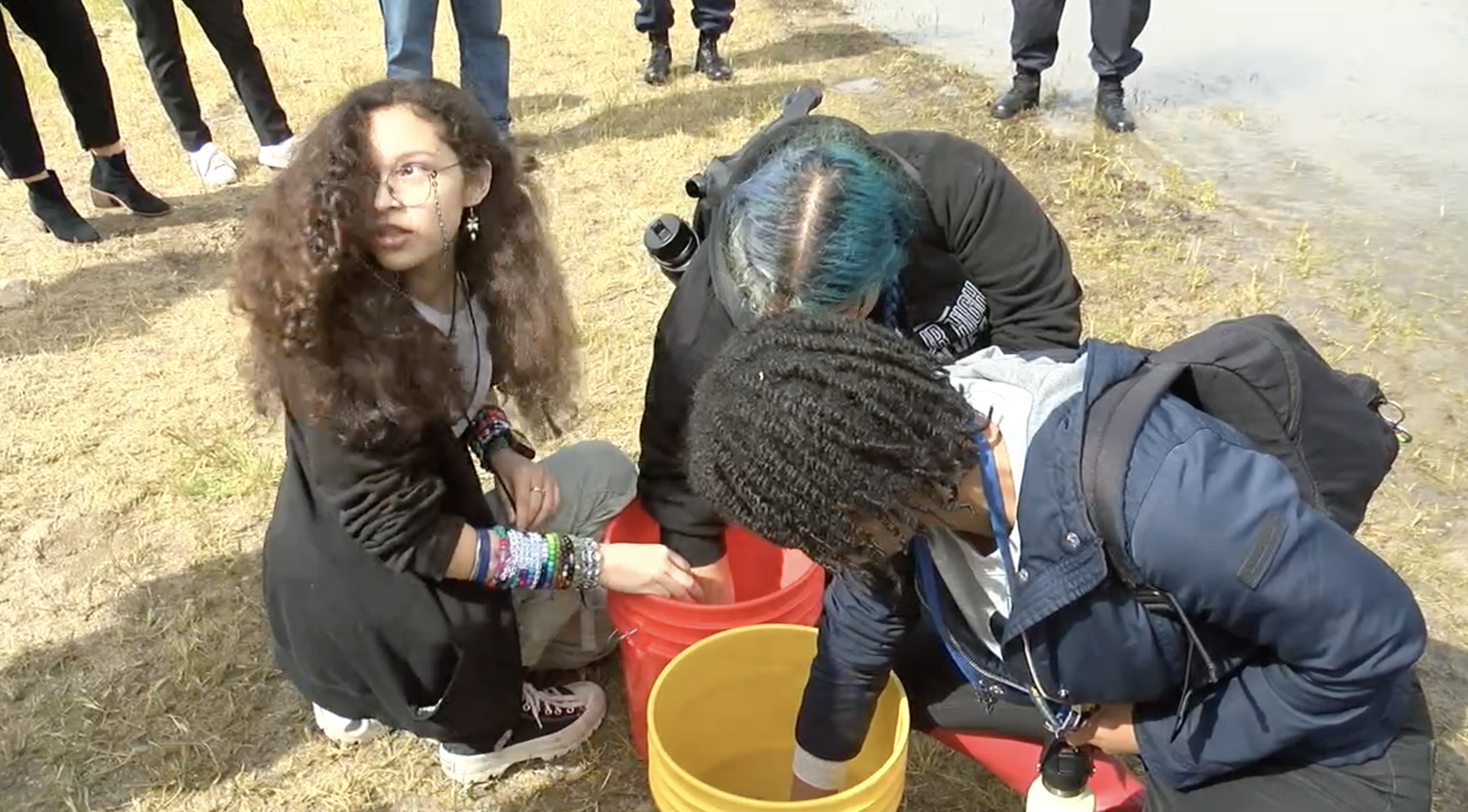 students freeing fish