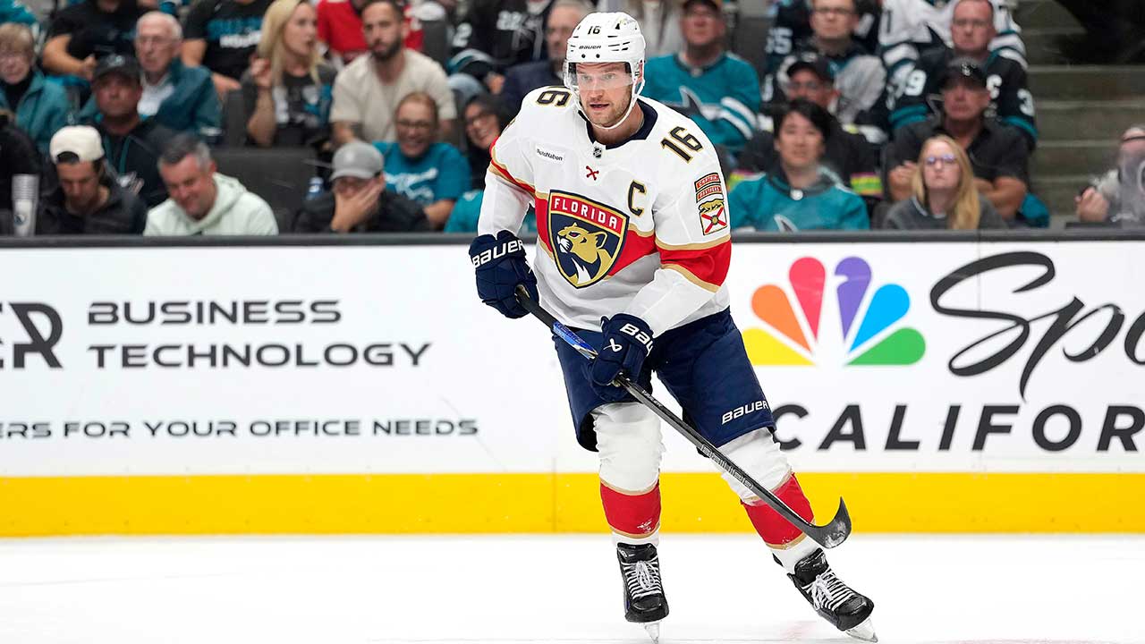 Florida Panthers center Aleksander Barkov skates against the San Jose Sharks during a NHL hockey game in San Jose, Calif., Thursday, Oct. 1, 2026. (AP Photo/Tony Avelar)