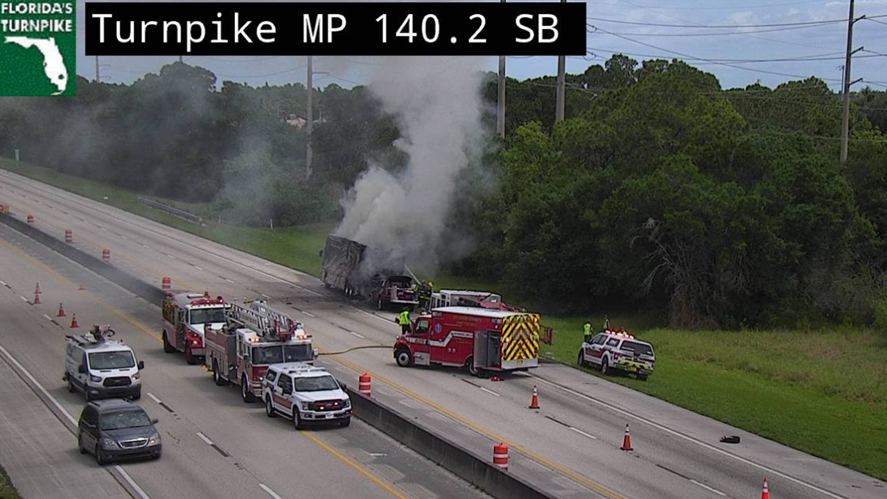 A vehicle caught fire in the northbound lanes of Florida's Turnpike in St. Lucie County April 28, 2020.