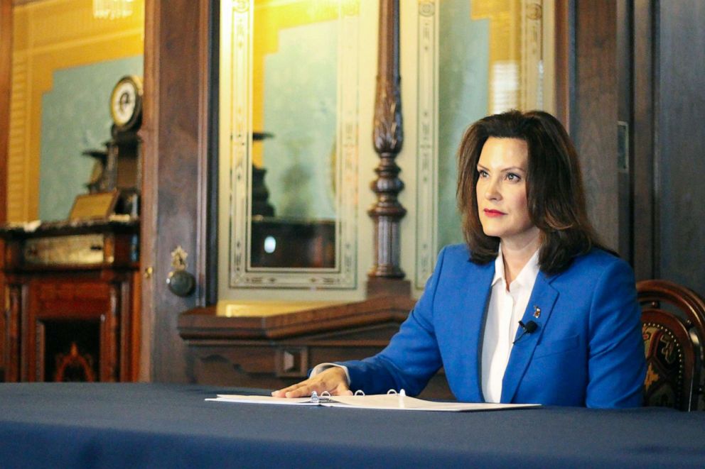 In a pool photo provided by the Michigan Office of the Governor, Gov. Gretchen Whitmer tells Michigan residents to stay at home, in her most sweeping order of the coronavirus crisis, Monday, March 23, 2020, in Lansing, Mich.In a pool photo provided by the Michigan Office of the Governor, Gov. Gretchen Whitmer tells Michigan residents to stay at home, in her most sweeping order of the coronavirus crisis, Monday, March 23, 2020, in Lansing, Mich.
Julia Pickett/Michigan Office of the Governor via AP, Pool