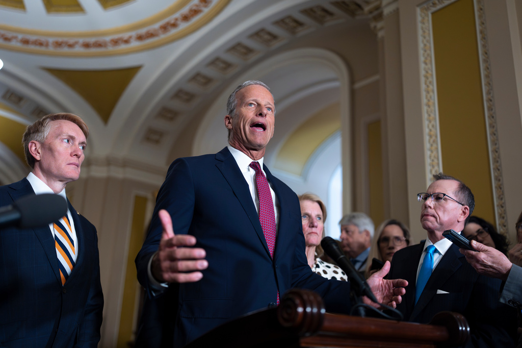 Senate Majority Leader John Thune, R-S.D., speaks to reporters at the Capitol in Washington, Tuesday, April 14, 2026. 