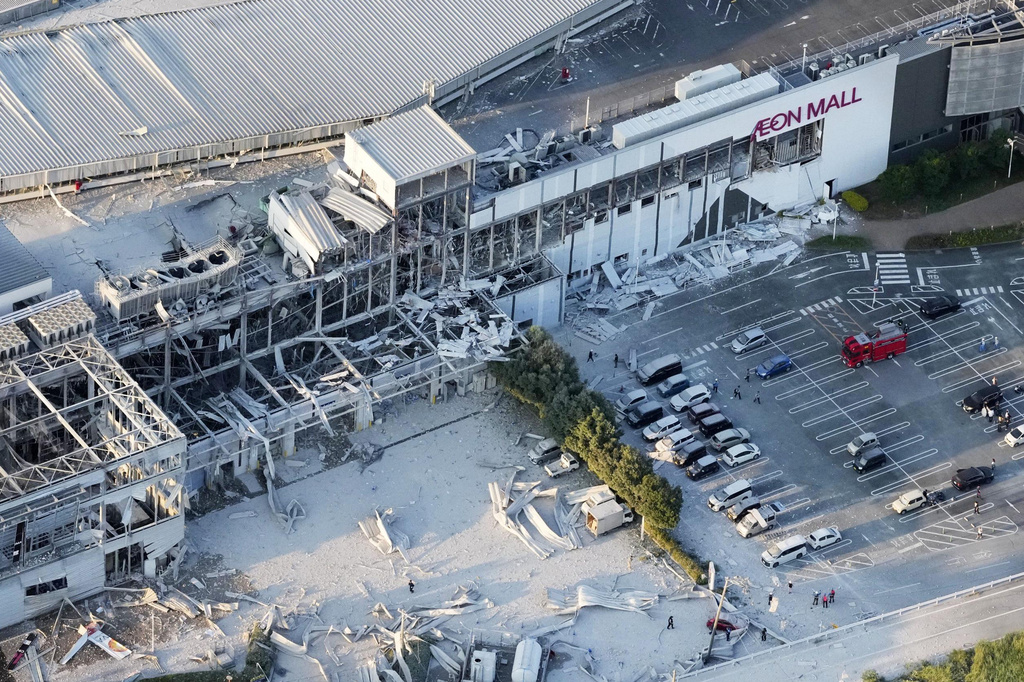 This aerial image shows the damaged AEON Mall after an earthquake in Kashima, Kumamoto prefecture, southern Japan, Tuesday, July 28, 2026.