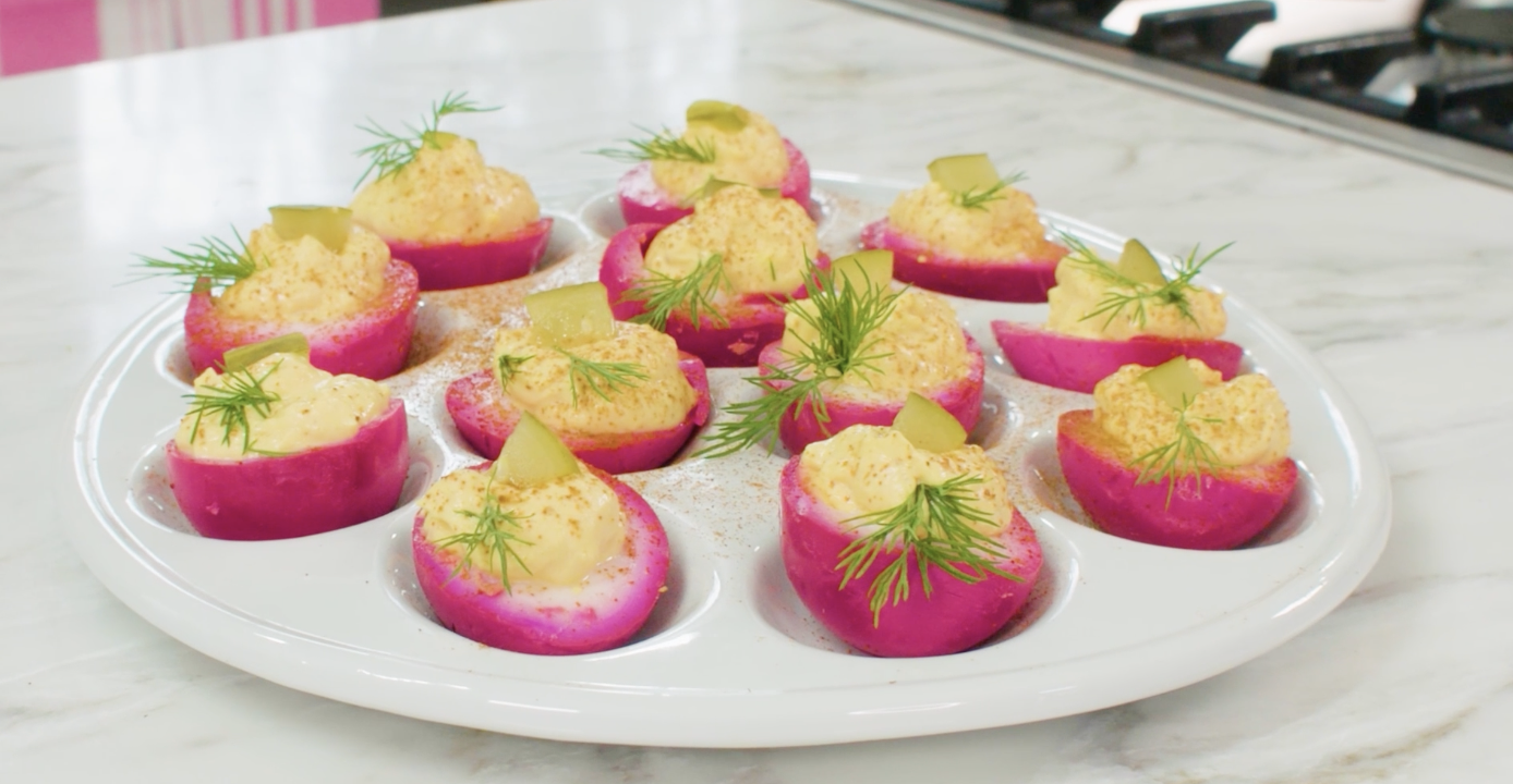 Deviled Eggs colored with beet juice. 