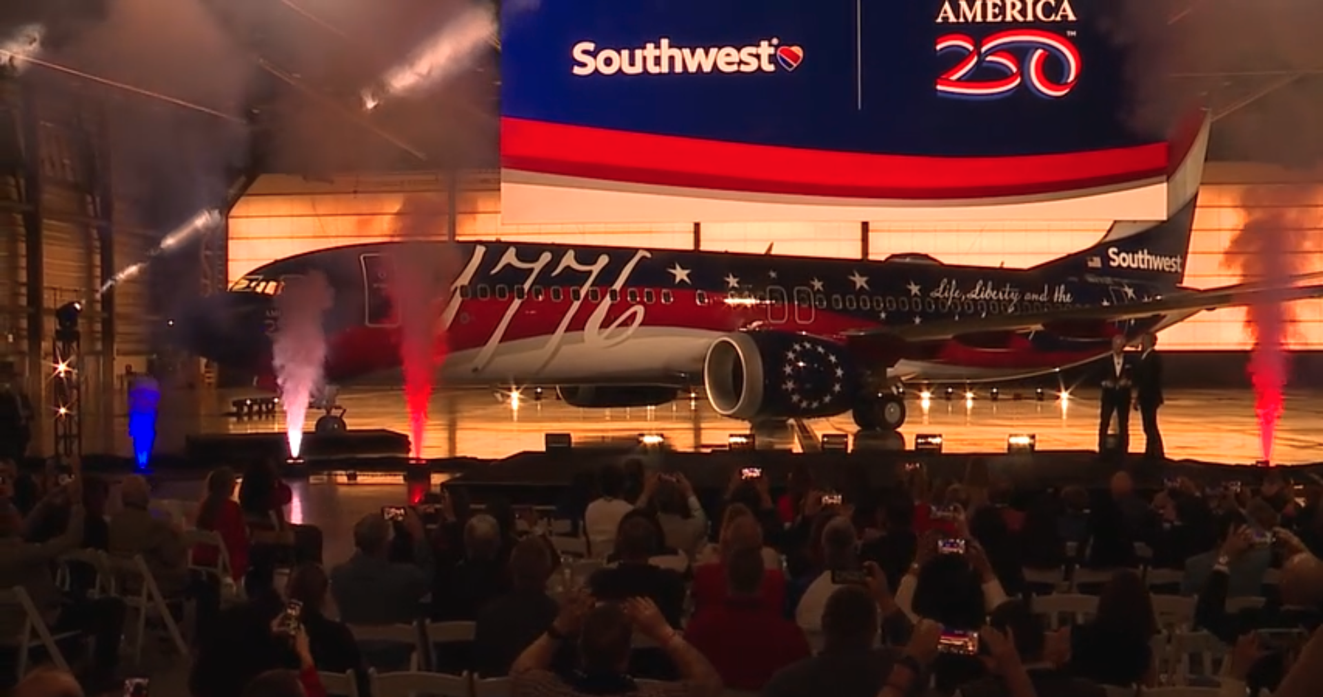 Southwest Airlines unveils a new patriotic aircraft at BWI Airport for the America 250 celebration.
