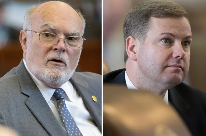 Left: state Sen. Robert Nichols, R-Jacksonville, on the Senate floor on April 9, 2019. Right: State Rep. Trent Ashby, R-Lufkin, on the House floor on May 3, 2017