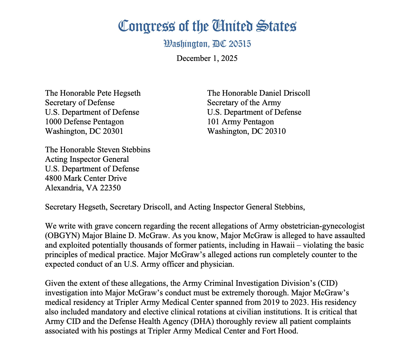 Hawaii Congressional Delegation Letter