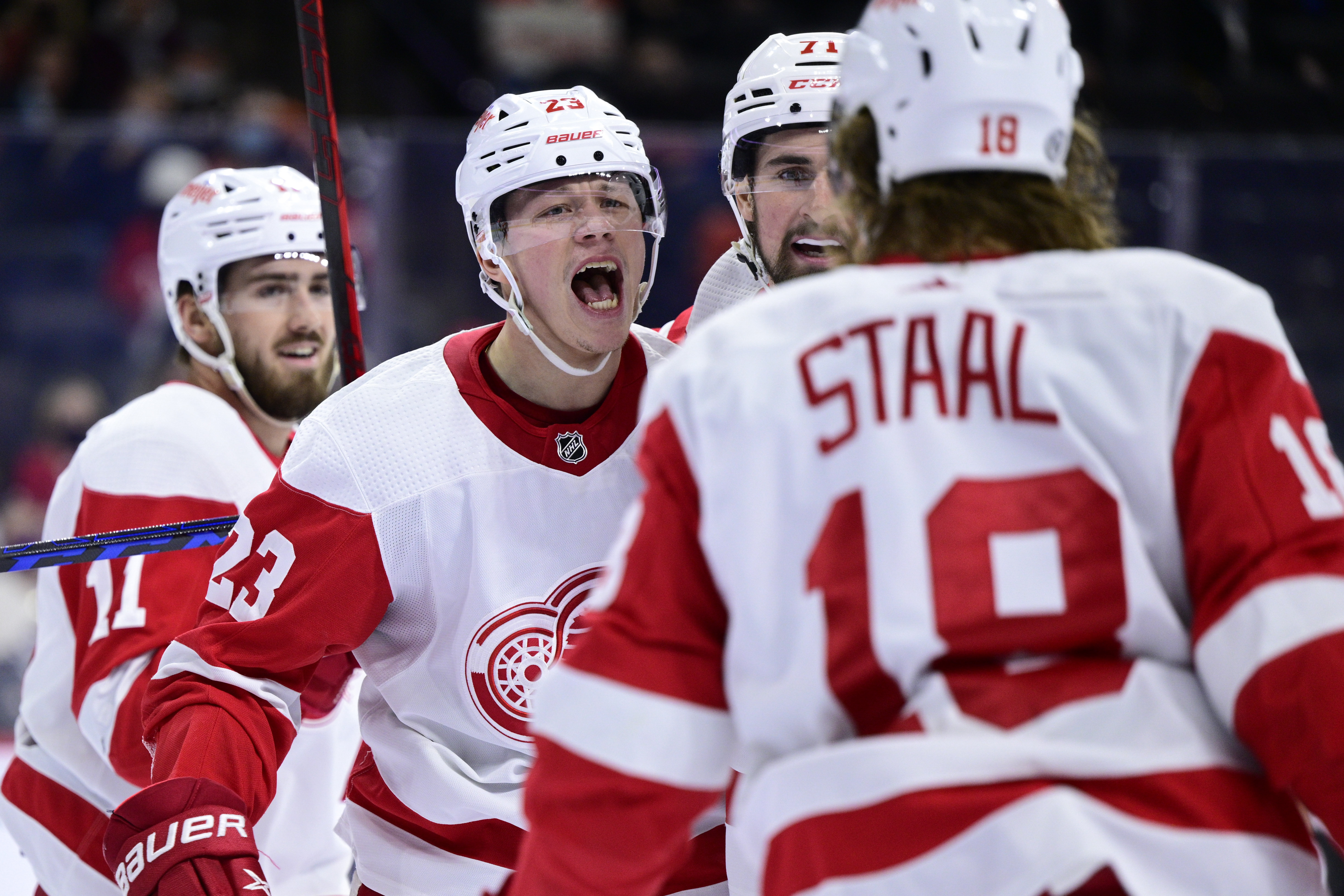 Lucas Raymond, Dylan Larkin, Marc Staal