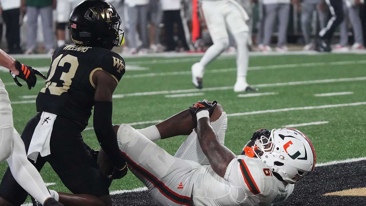 Miami running back Charmar Brown, right, is injured after being tackled short of the goal line by Wake Forest defensive back Ashaad Williams (13) defends during the first half of an NCAA college football game in Winston-Salem, N.C., Friday, Sept. 18, 2026.