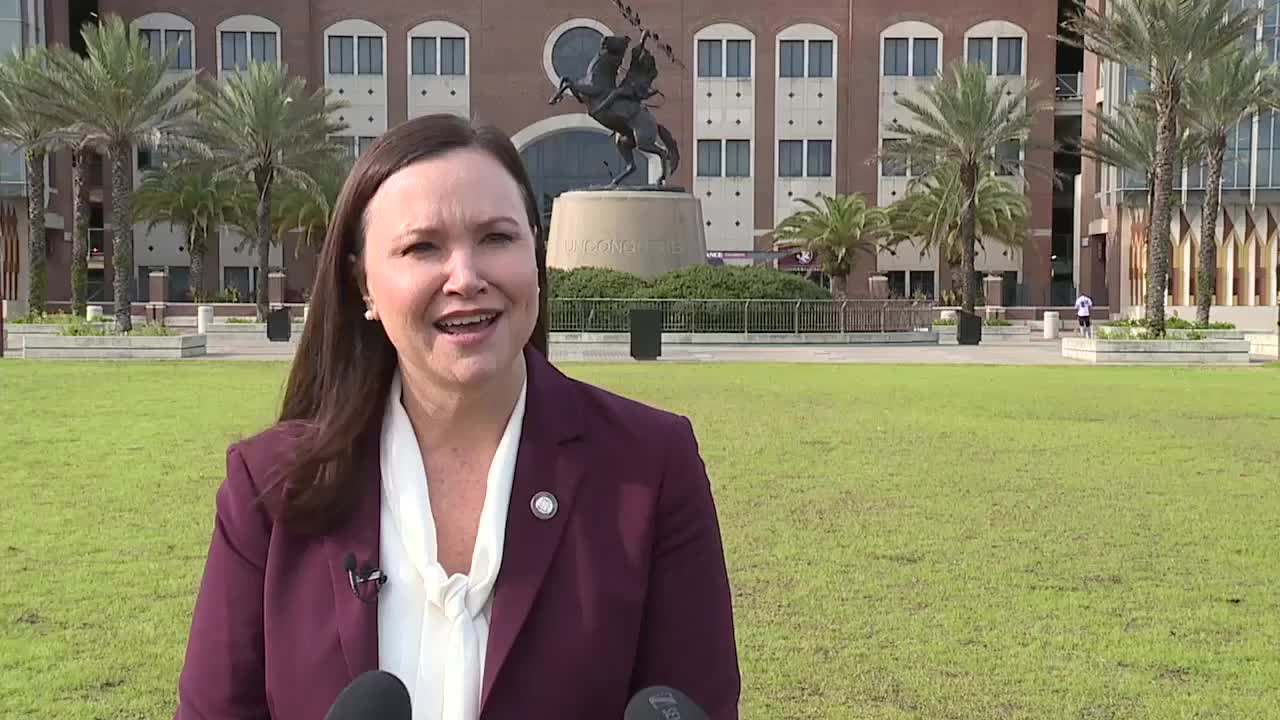 Ashley Moody speaks outside Doak S. Campbell Stadium about College Football Playoff subpoena, Dec. 12, 2023