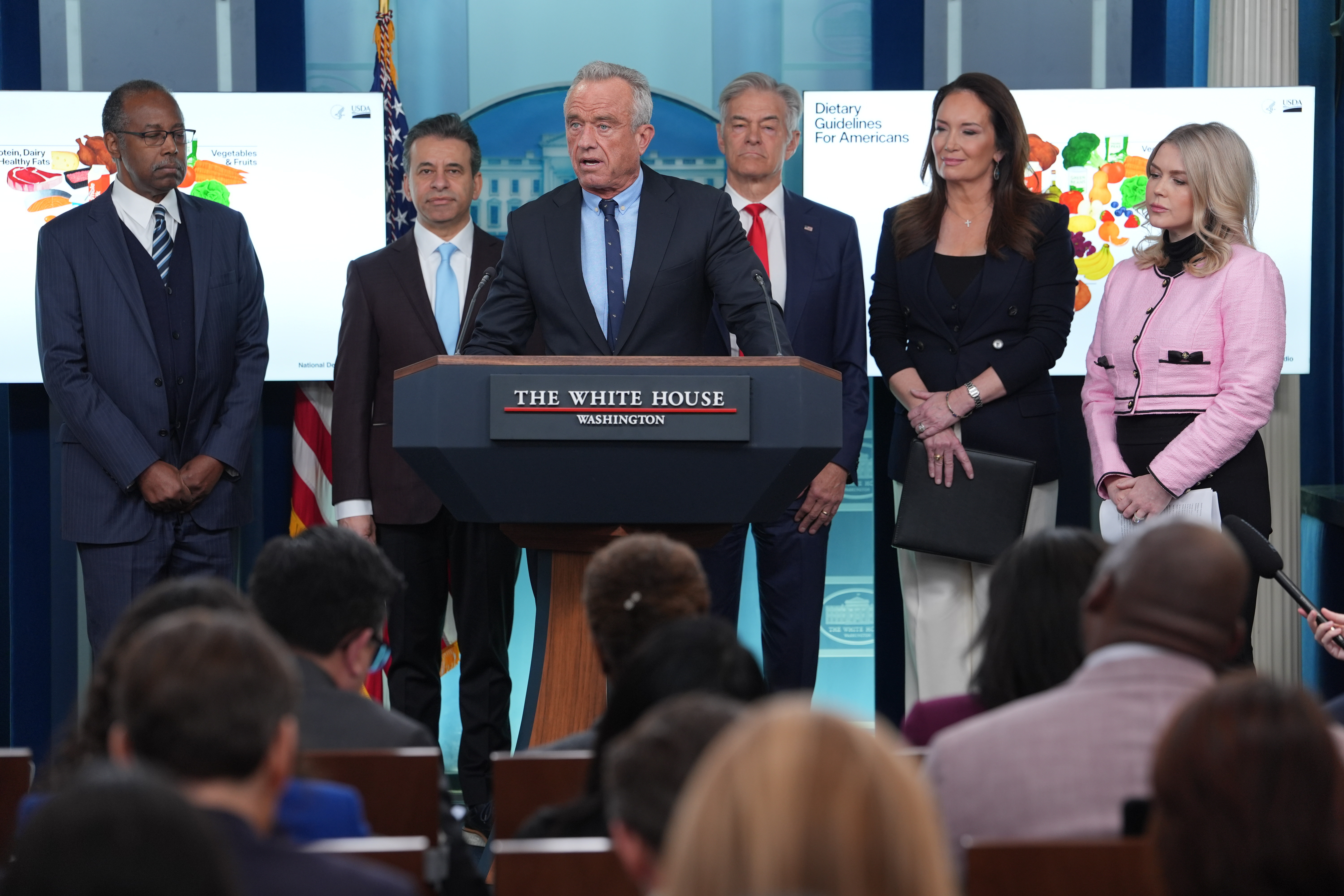 Human Services Secretary Robert F. Kennedy Jr. speaks during a press briefing with from left, Dr. Ben Carson, National Nutrition Advisor at U.S. Department of Agriculture, Dr. Marty Makary, Food and Drug Administration (FDA) commissioner, Dr. Mehmet Oz, administrator of the Centers for Medicare & Medicaid Services, Agriculture Secretary Brooke Rollins, and White House Press Secretary Karoline Leavitt, at the White House, Wednesday, Jan. 7, 2026, in Washington.