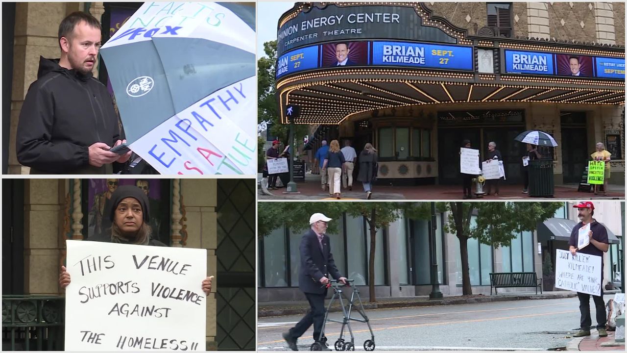 Richmond organizations protested Fox News host Brian Kilmeade's appearance at the Dominion Energy Center following his controversial comments about homeless people with mental illness.