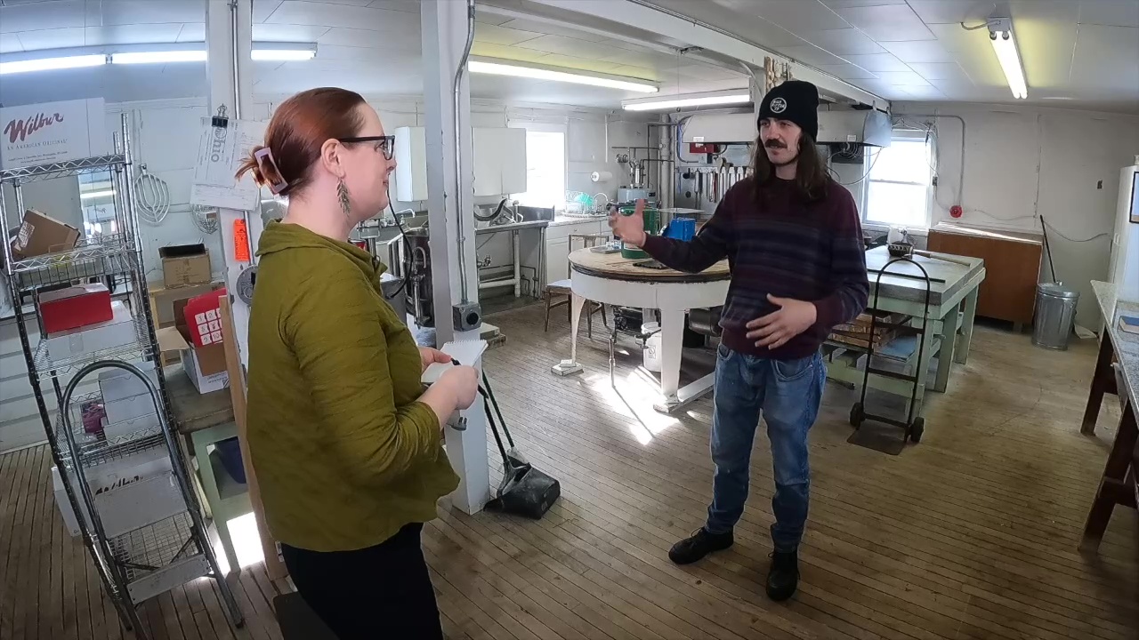 Jeff Morsfield, the owner of Jeff's Candy Shop, talks to News 5 reporter Michelle Jarboe in the old Brandt's Candies kitchen in Willoughby.