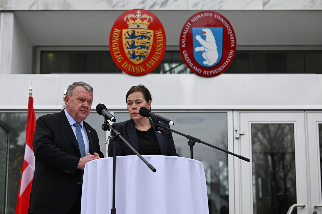 Denmark's Foreign Minister Lars Løkke Rasmussen and Greenland's Foreign Minister Vivian Motzfeldt speak at a news conference at the Embassy of Denmark, Wednesday, Jan. 14, 2026, in Washington.
