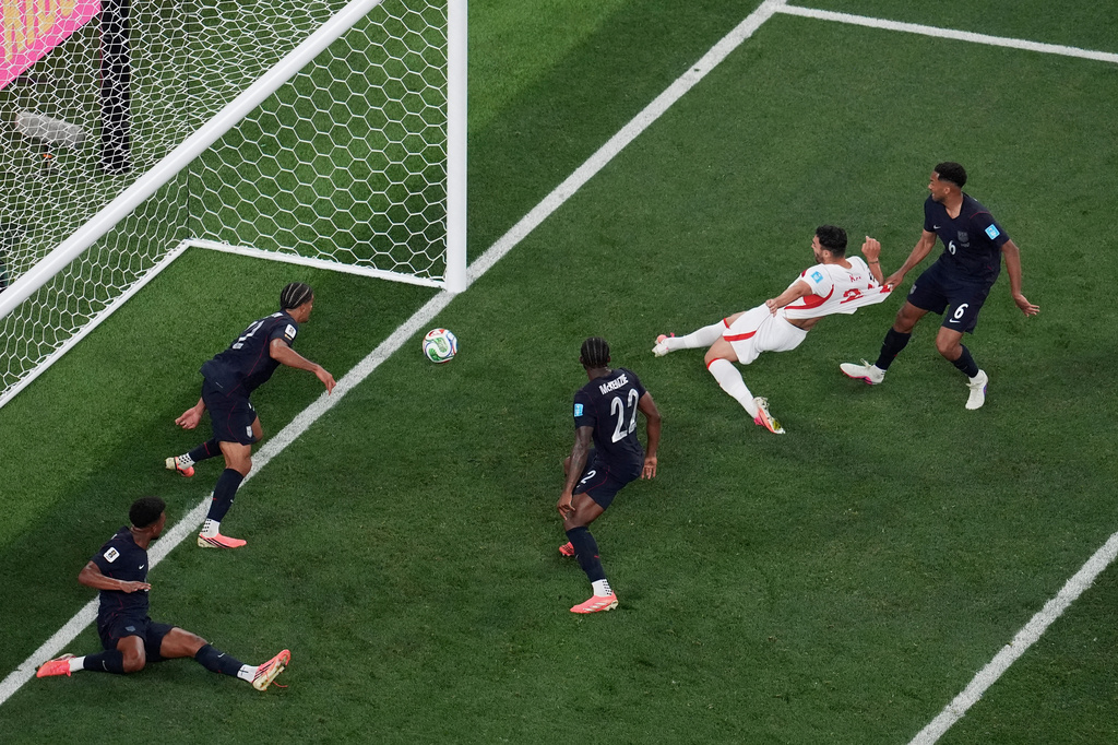 Turkey's Kaan Ayhan, second from right, scores their third goal as United States' Auston Trusty (6) defends and United States' Mark McKenzie (22) and United States' Miles Robinson (12) look on during the second half of a World Cup Group D soccer match in Inglewood, Calif., near Los Angeles, Thursday, June 25, 2026. 